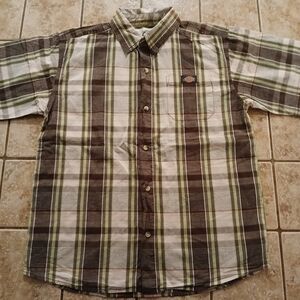 #0161 Men's Dickies Plaid Brown Collar Short Sleeve Shirt Size Large (16-18)